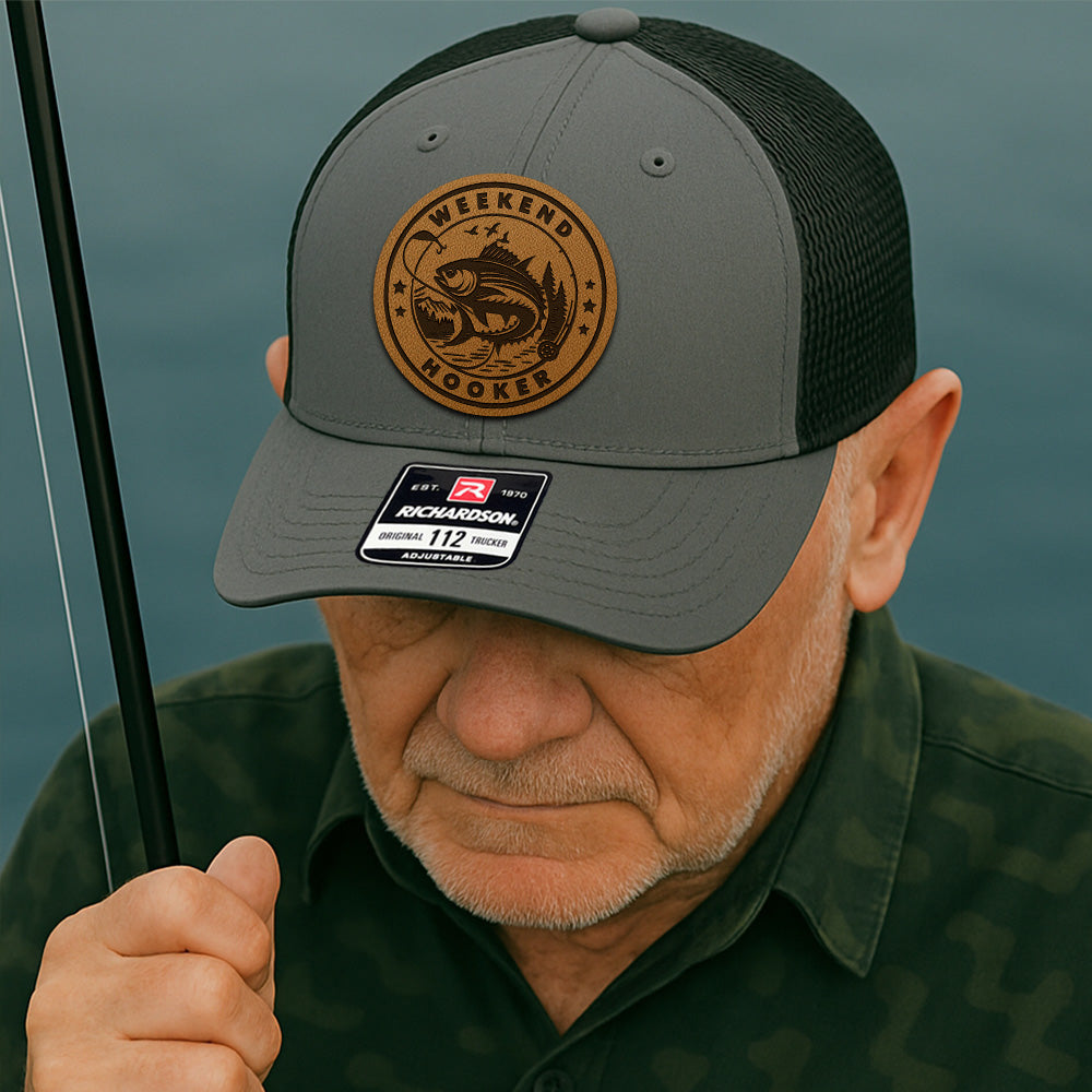 Personalized Fishing Leather Patch Hat – Custom Engraved Trucker Cap– Perfect Gift for Husband, Dad, Fishman THUC99MF028