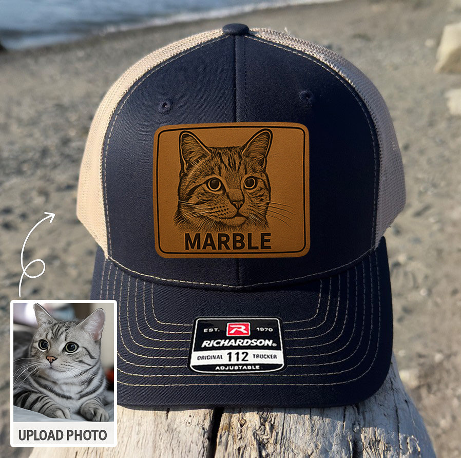 Custom Pet Photo Trucker Hat – Personalized Leather Patch Hat – Cat Lovers Gift – Custom Pet Face Hat NGOC99A12