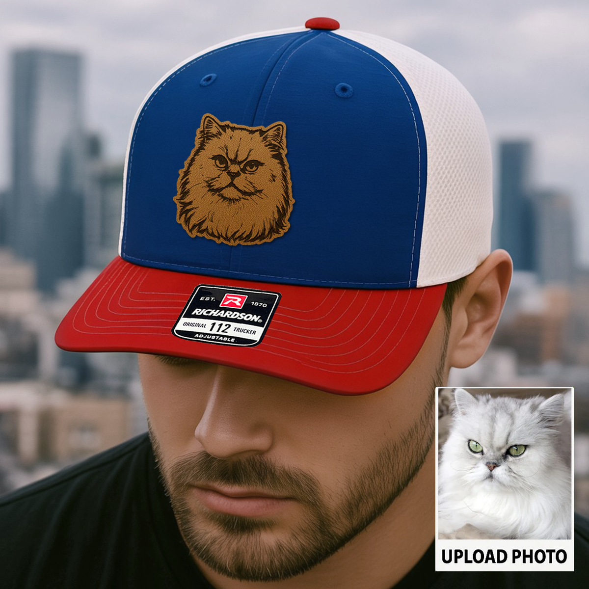 Custom Cat Photo Trucker Hat | Personalized Cat Photo Leather Patch Hat | Gift For Cat Lover TNGANSP031