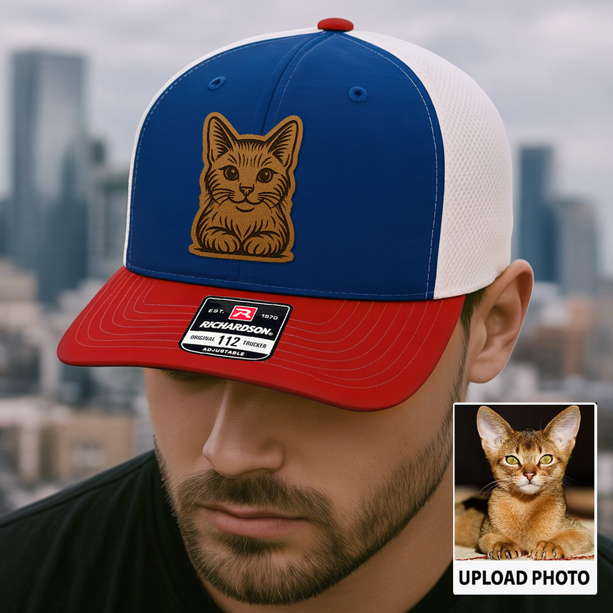 Custom Cat Photo Trucker Hat | Personalized Pet Patch Leather Patch Hat | Gift For Cat Lovers TNGANSP015