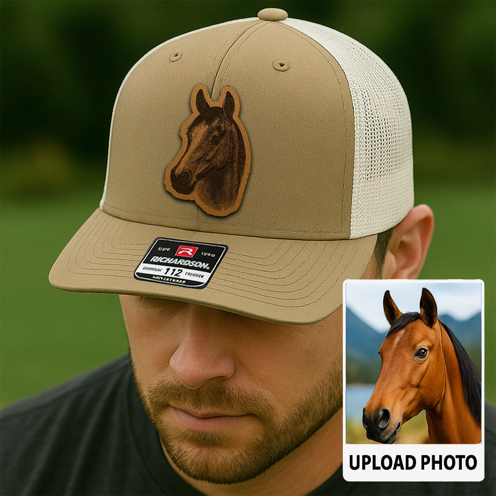 Custom Pet Photo Trucker Hat – Personalized Leather Patch Hat – Horse Portrait Gift – Custom Pet Face Hat P99A24