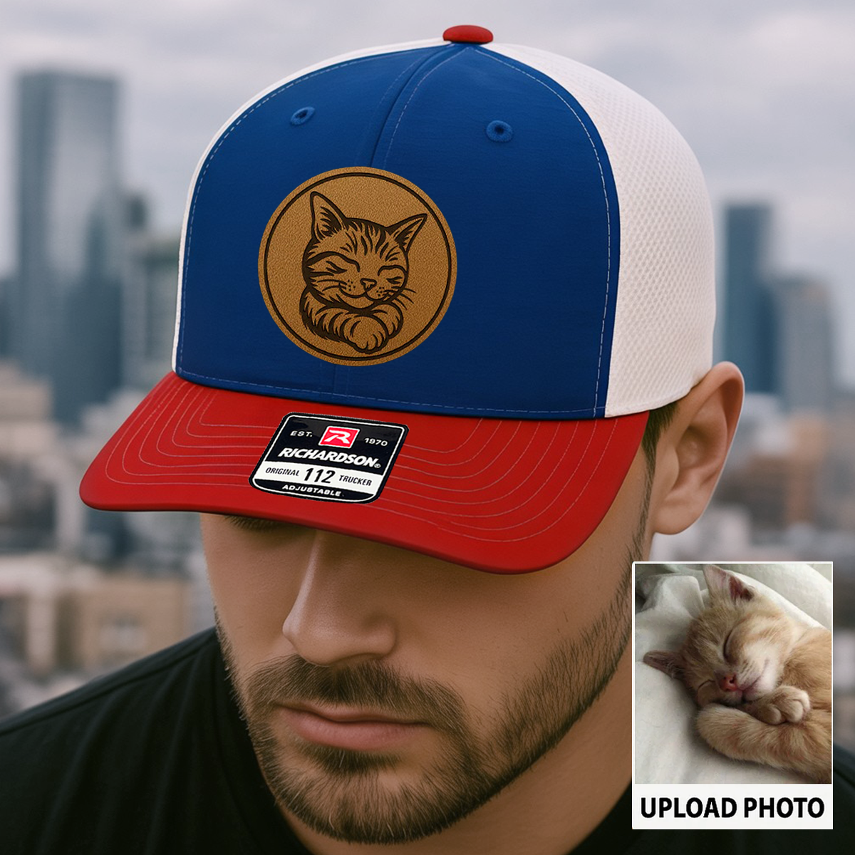 Custom Cat Photo Trucker Hat | Personalized Cat Photo Leather Patch Hat | Gift For Cat Lover TNGANSP033