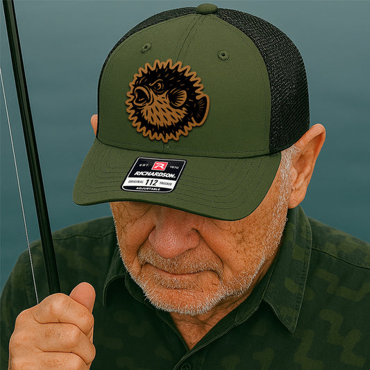 Custom Fishing Hat for Him – Personalized Trucker Cap with Leather Patch Design THUC99MF34