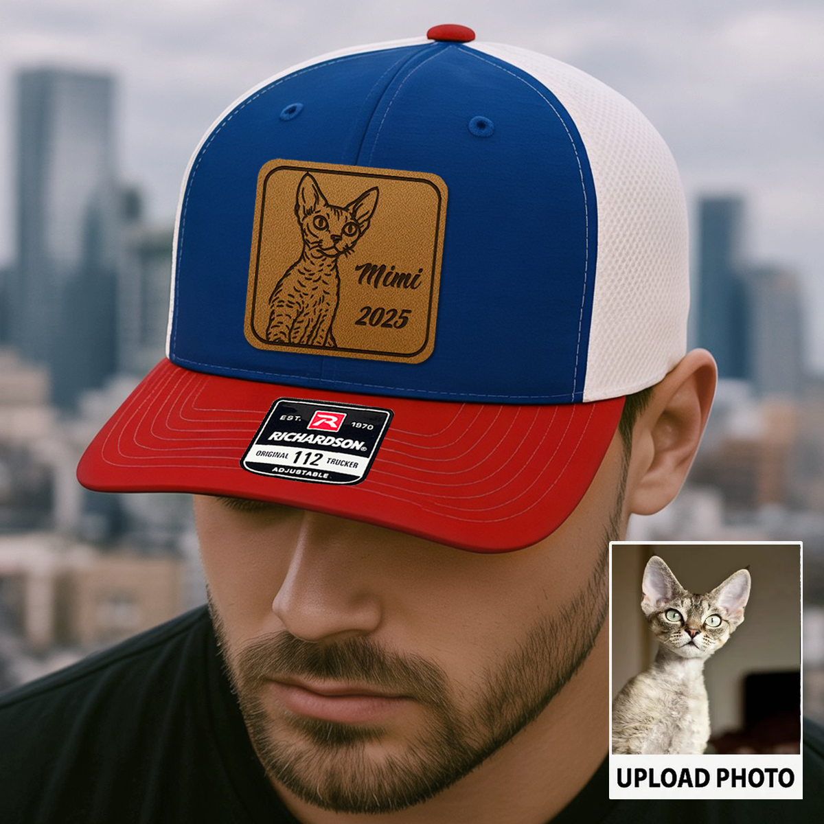 Custom Cat Photo Leather Patch Hat | Gift For Cat Lovers | Personalized Cat Memorial Trucker Hat TNGANSP014