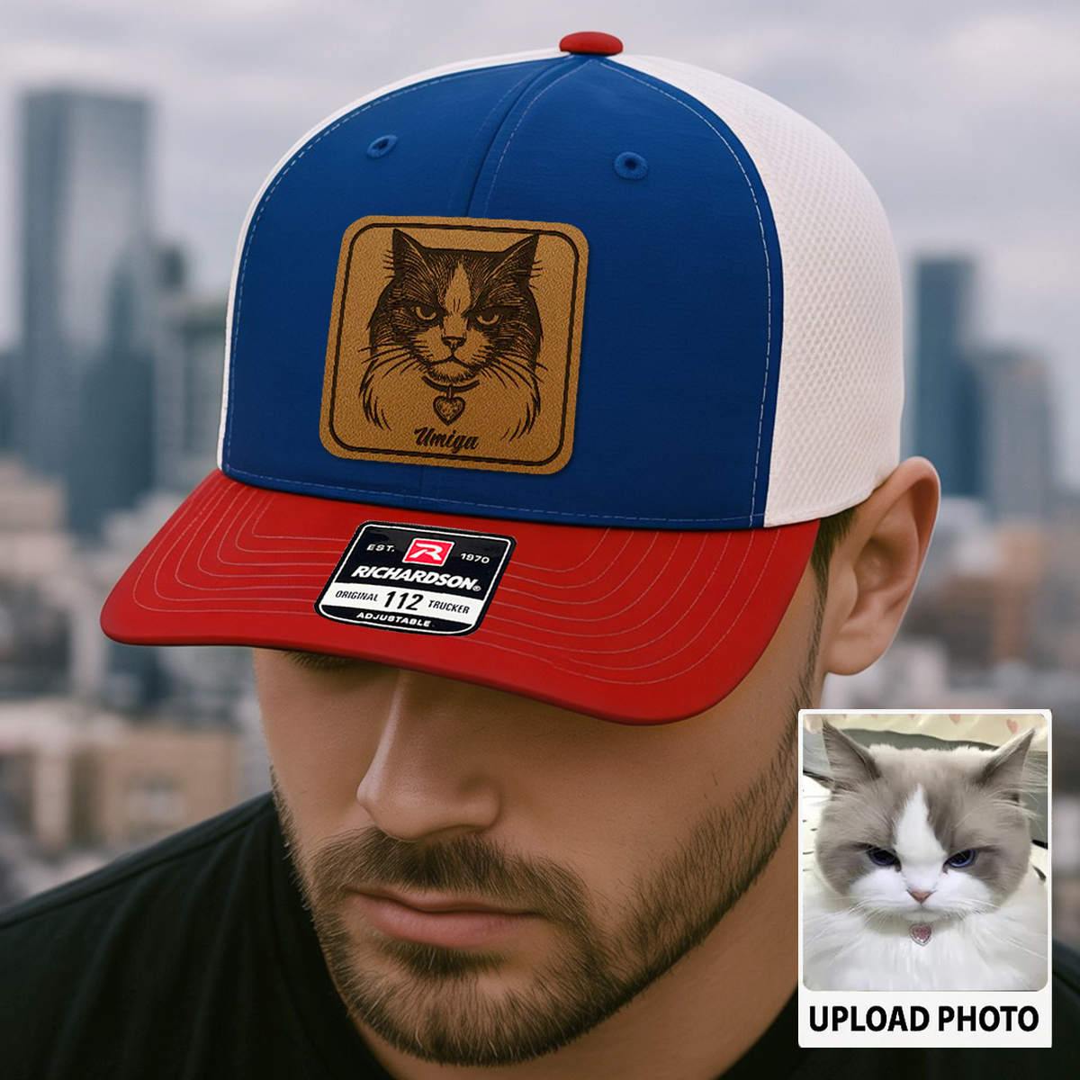 Custom Cat Photo Trucker Hat | Personalized Cat Patch Leather Patch Hat | Gift For Cat Lovers TNGANSP026