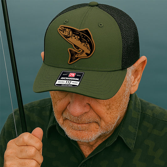 Custom Fishing Trucker Hat for Men – Personalized Leather Patch Hat Gift for Dad or Husband THUC99MF29