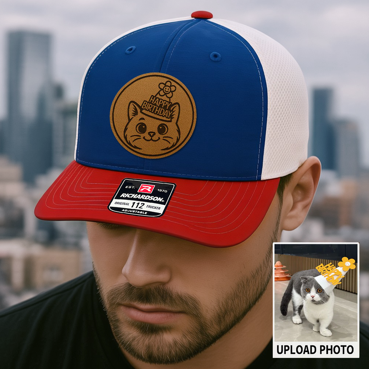 Custom Cat Photo Trucker Hat | Personalized Pet Patch Leather Patch Hat | Cat Memorial Gift TNGANSP025