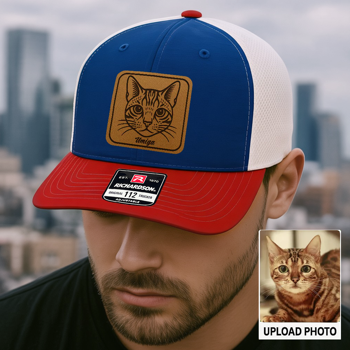 Custom Cat Photo Trucker Hat | Personalized Cat Patch Leather Patch Hat | Gift For Cat Lovers TNGANSP034
