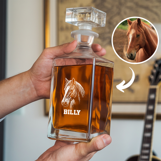 Custom Horse Photo Whiskey Glass And Decanter Set | Personalized Horse Photo Decanter | Gift For Horse Lover | Pet Memorial Gift TNN12