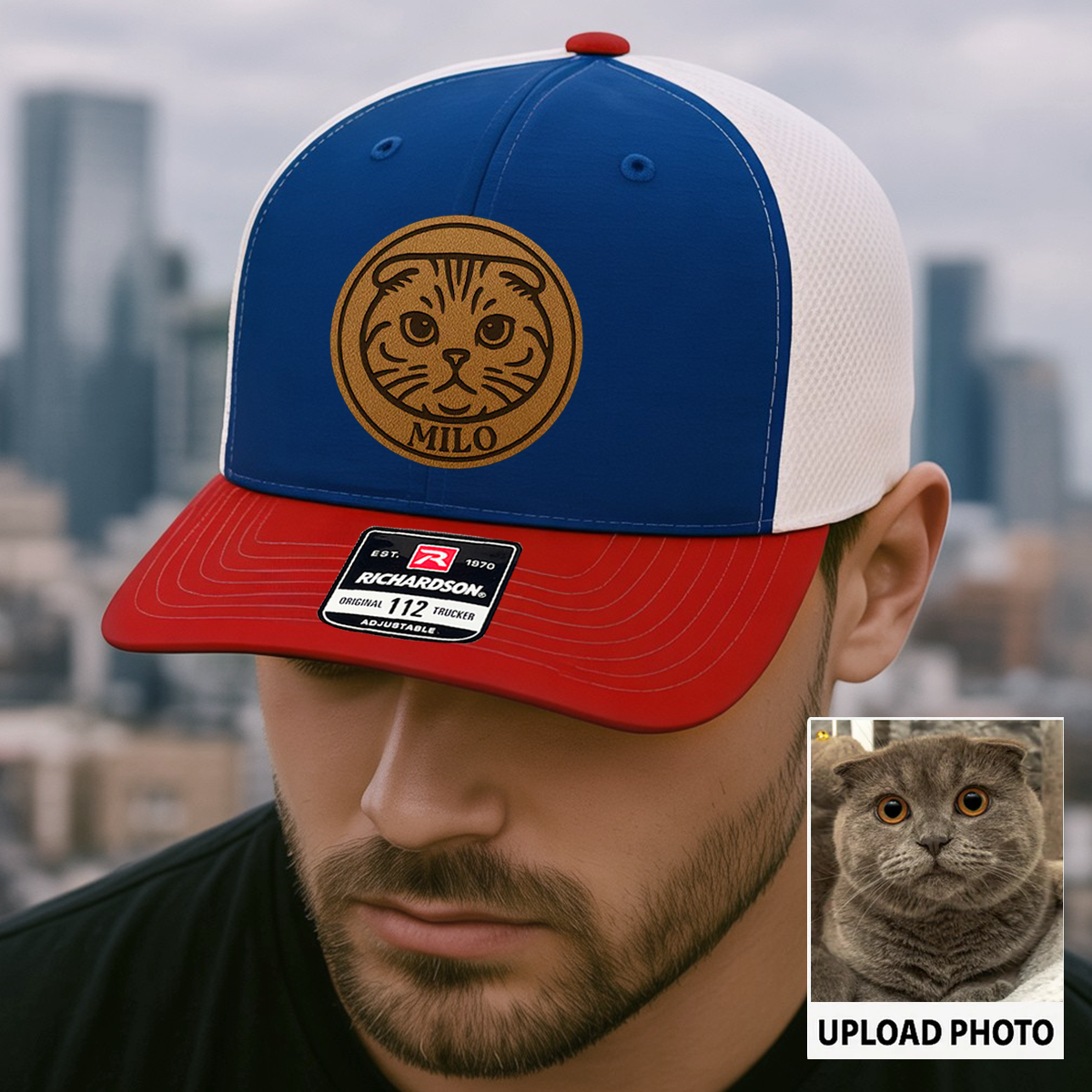 Custom Cat Photo Trucker Hat | Personalized Pet Patch Leather Patch Hat | Cat Memorial Gift TNGANSP029