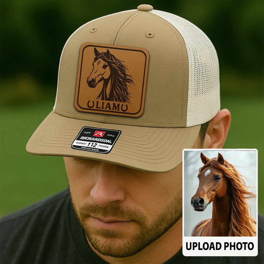 Personalized Horse Photo Leather Patch Hat | Custom Horse Photo Trucker Hat | Gift For Horse Farm Lovers THUC99P01