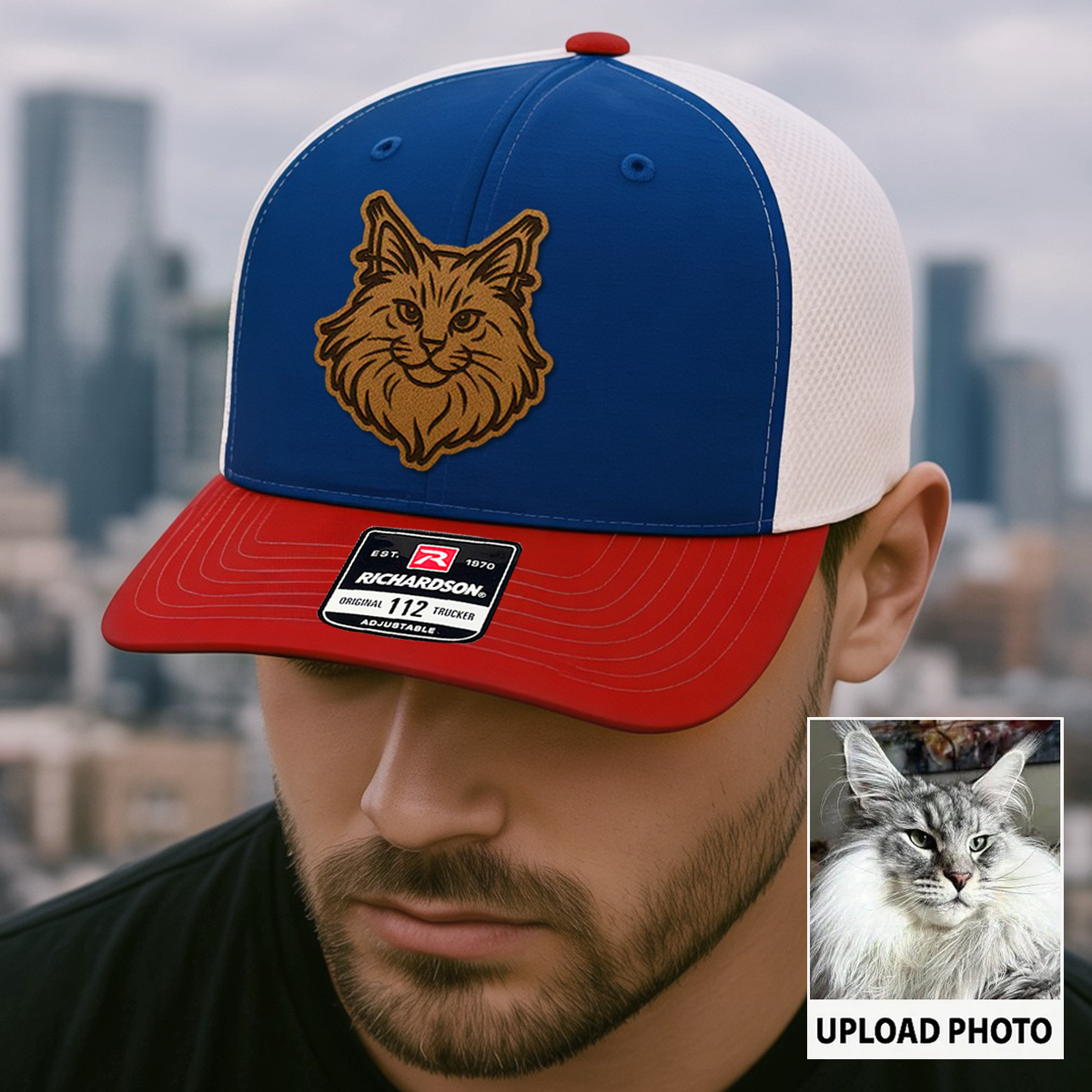 Custom Cat Photo Trucker Hat | Personalized Cat Photo Leather Patch Hat | Gift For Cat Lover TNGANSP028