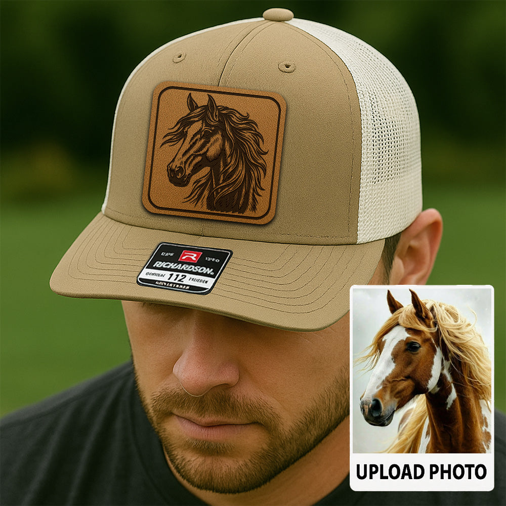 Personalized Horse Photo Leather Patch Hat | Custom Pet Photo Trucker Hat | Horse Head Farm Leather Patch Hat THUC9904