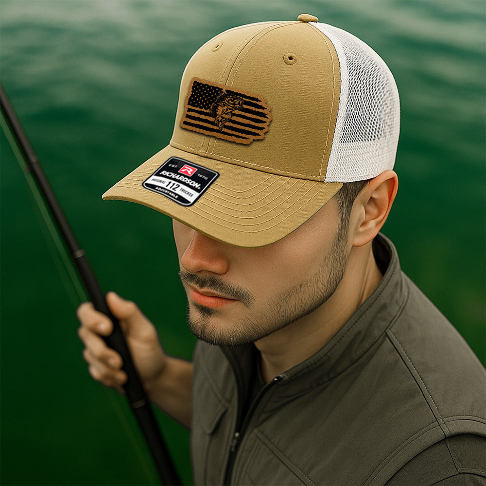 Personalized Fishing Patriotic Trucker Hat – USA Flag and Fish Leather Patch Cap for Him THUC99MF03