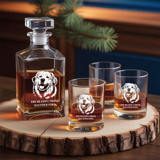 Custom Dog Photo The Reason I Drink Has Four Paws Whiskey Glass And Decanter Set | Personalized Dog Photo | Pet Lover Gift