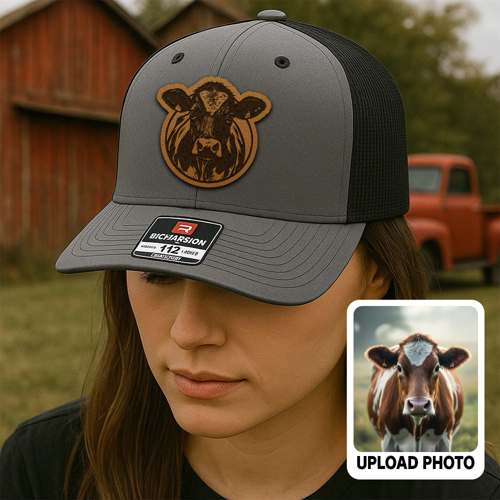 Personalized Cow Photo Leather Patch Hat | Custom Farm Trucker Hat | Gift For Farm Lover THUC99