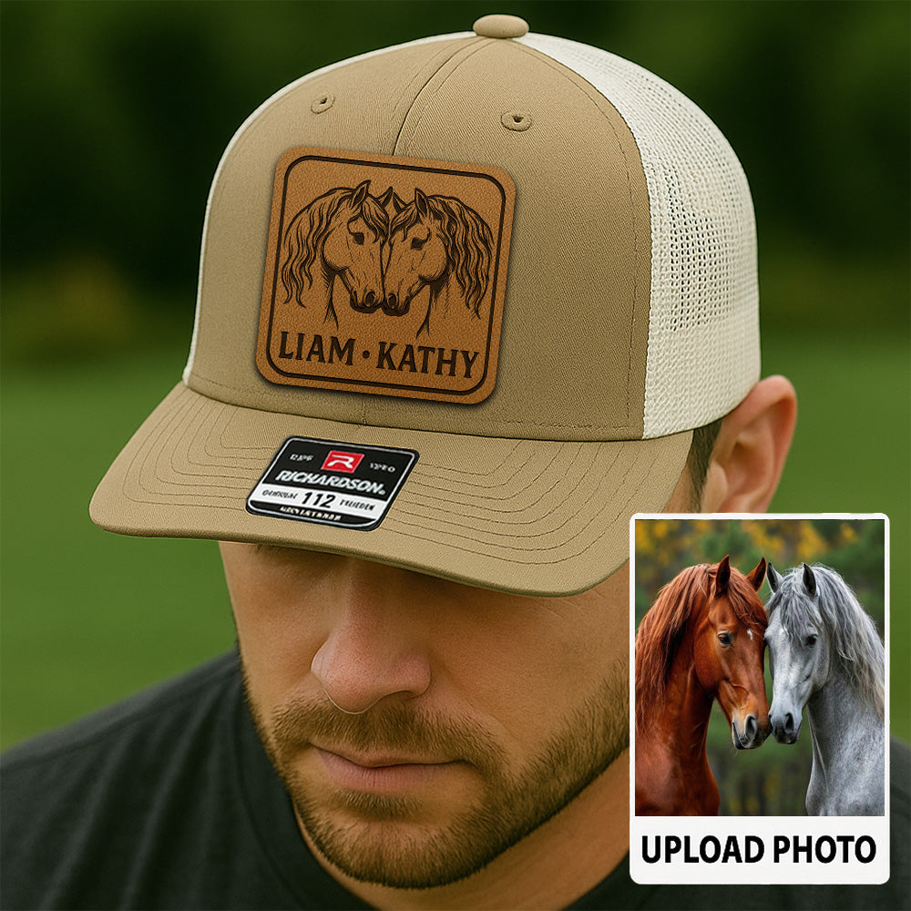 Personalized Horse Photo Leather Patch Hat | Custom Horse Photo Trucker Hat | Gift For Pet Owners THUC99P11