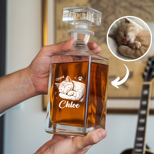 Custom Cat Photo Whiskey Glass And Decanter Set | Personalized Cat Photo Decanter | Gift For Cat Lover | Pet Memorial Gift TNN02