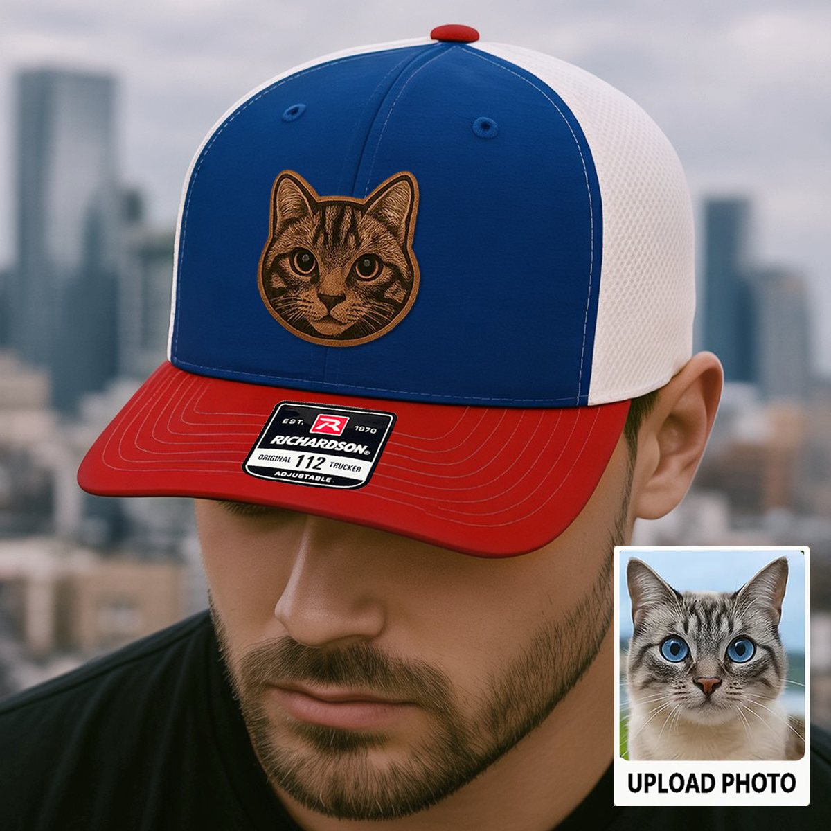 Custom Pet Photo Trucker Hat – Personalized Leather Patch Hat – Cat Dad Gift – Custom Pet Memorial Hat - Cat Gift - Engraved Hat NGOC99A5