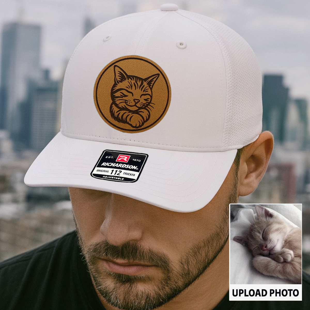 Custom Cat Photo Trucker Hat | Personalized Cat Photo Leather Patch Hat | Gift For Cat Lover TNGANSP033