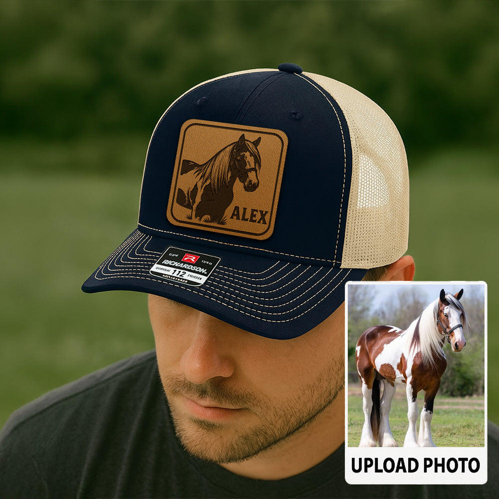 Personalized Horse Photo Leather Patch Hat | Custom Pet Photo Trucker Hat | Horse Portrait Trucker Hat Farm Lovers THUC99P02