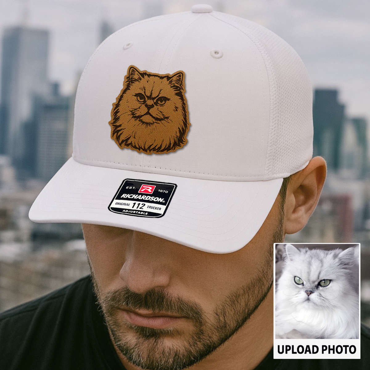 Custom Cat Photo Trucker Hat | Personalized Cat Photo Leather Patch Hat | Gift For Cat Lover TNGANSP031