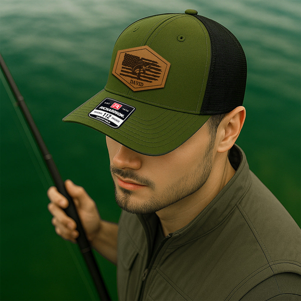 Custom Name Logo Fishing American Flag Hat – Personalized Leather Patch Hat Gift For Fishman THUC99MF03