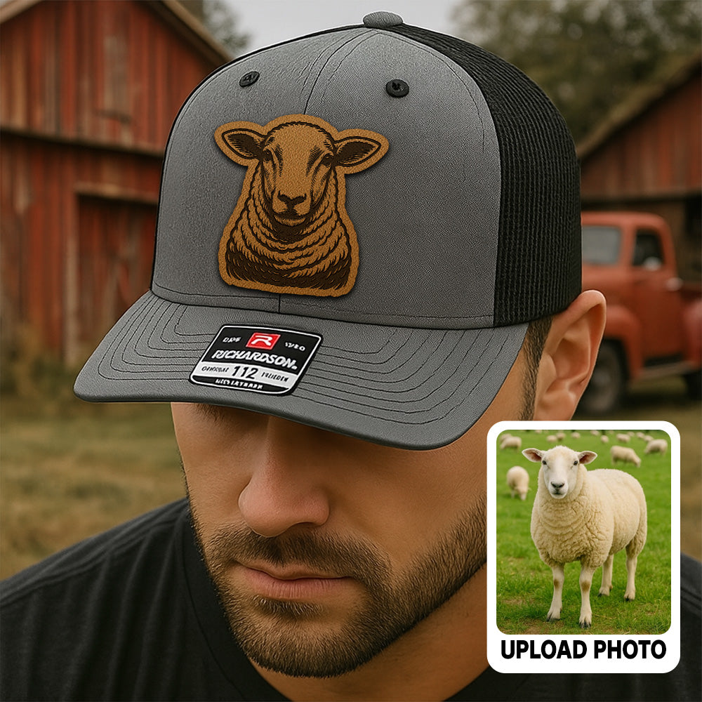 Personalized Sheep Photo Leather Patch Hat | Custom Farm Photo Trucker Hat | Farm Leather Patch Hat THUC99
