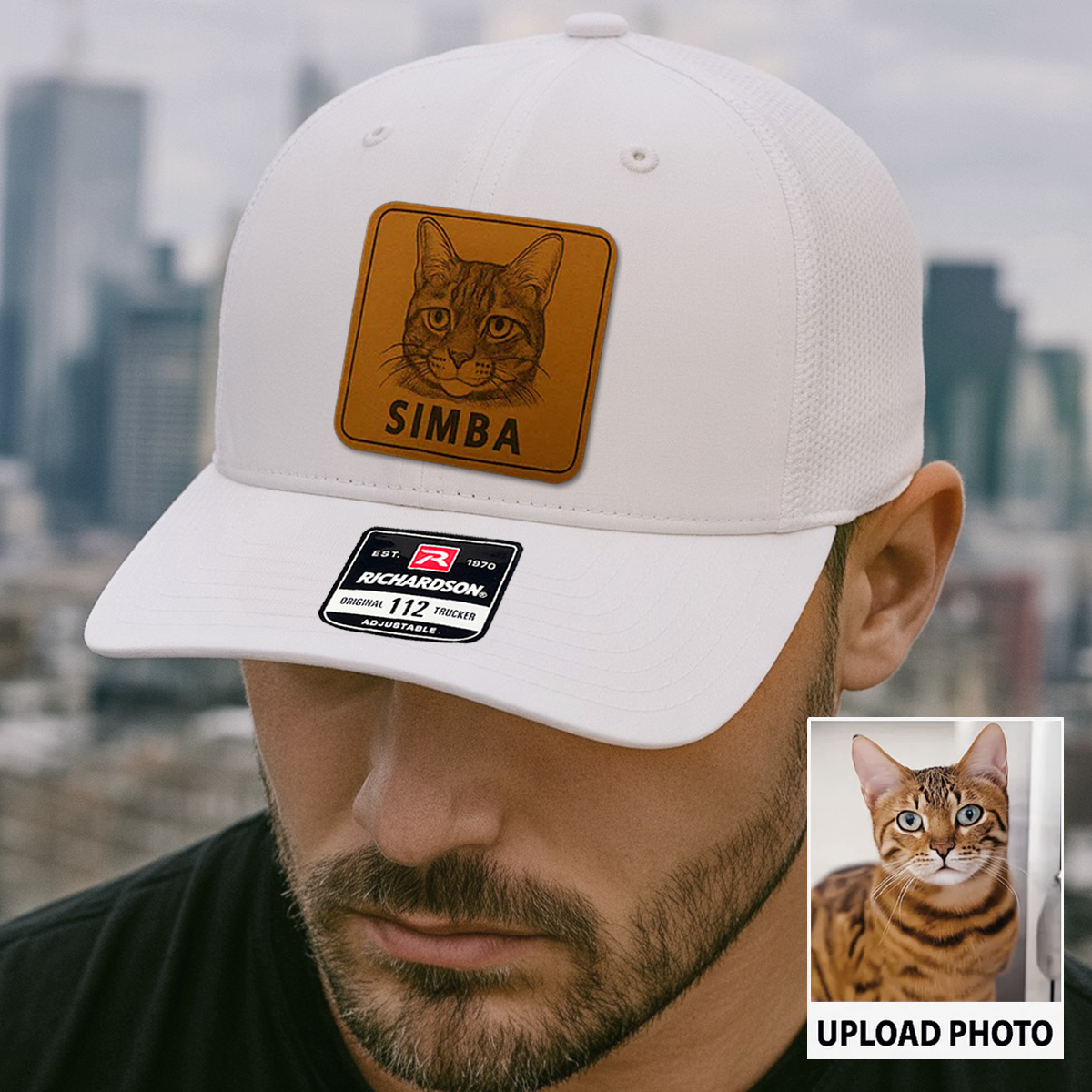 Custom Cat Photo Trucker Hat | Personalized Cat Photo Leather Patch Hat | Gift For Cat Lover TNGANSP035
