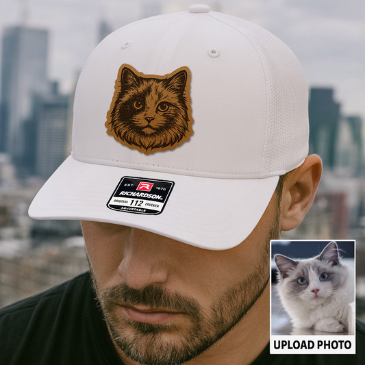 Custom Cat Photo Trucker Hat | Personalized Pet Patch Leather Patch Hat For Cat Lovers | Cat Photo Memorial Gifts TNGANSP013