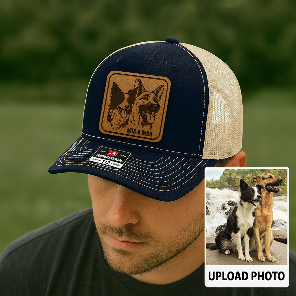 Custom Pet Photo Leather Patch Hat | Gift For Pet Lovers | Personalized Pet Photo Trucker Hat TNGANSP012