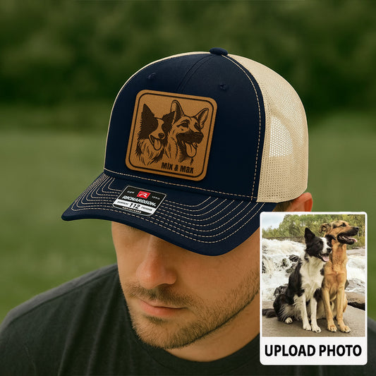 Custom Pet Photo Leather Patch Hat | Gift For Pet Lovers | Personalized Pet Photo Trucker Hat TNGANSP012