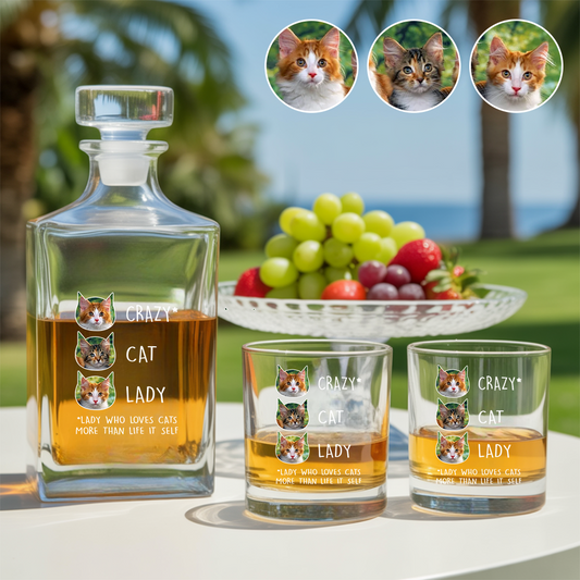 Custom Cat Photo Whiskey Glass And Decanter Set | Personalized Cat Photo Crazy Cat Lady | Gift For Cat Lover