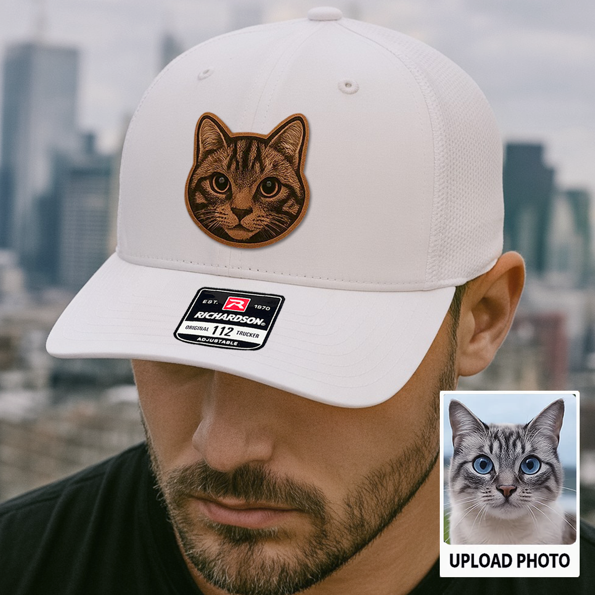 Custom Pet Photo Trucker Hat – Personalized Leather Patch Hat – Cat Dad Gift – Custom Pet Memorial Hat - Cat Gift - Engraved Hat NGOC99A5
