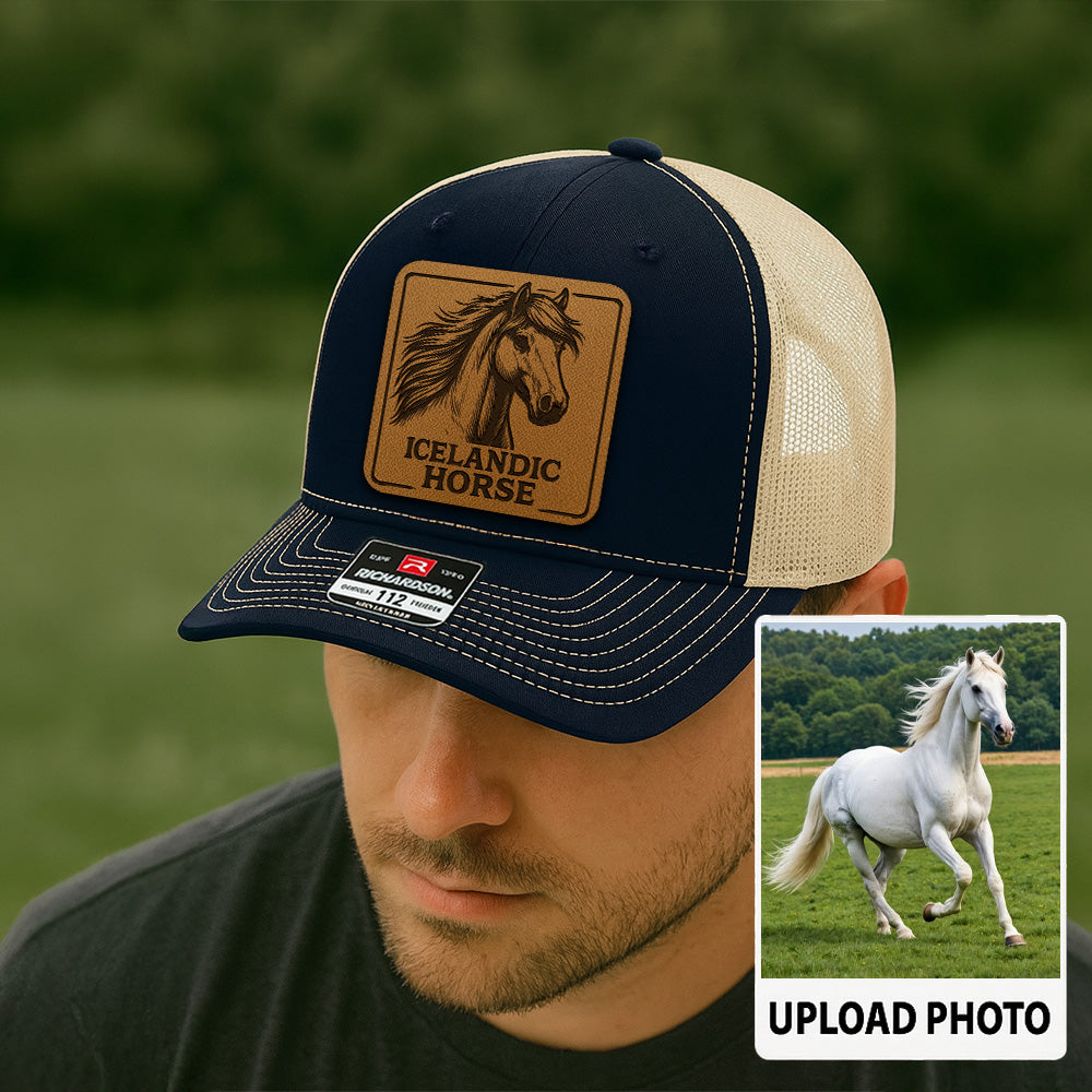 Personalized Horse Photo Leather Patch Hat | Custom Pet Photo Trucker Hat | Horse Lovers Gift THUC99P03