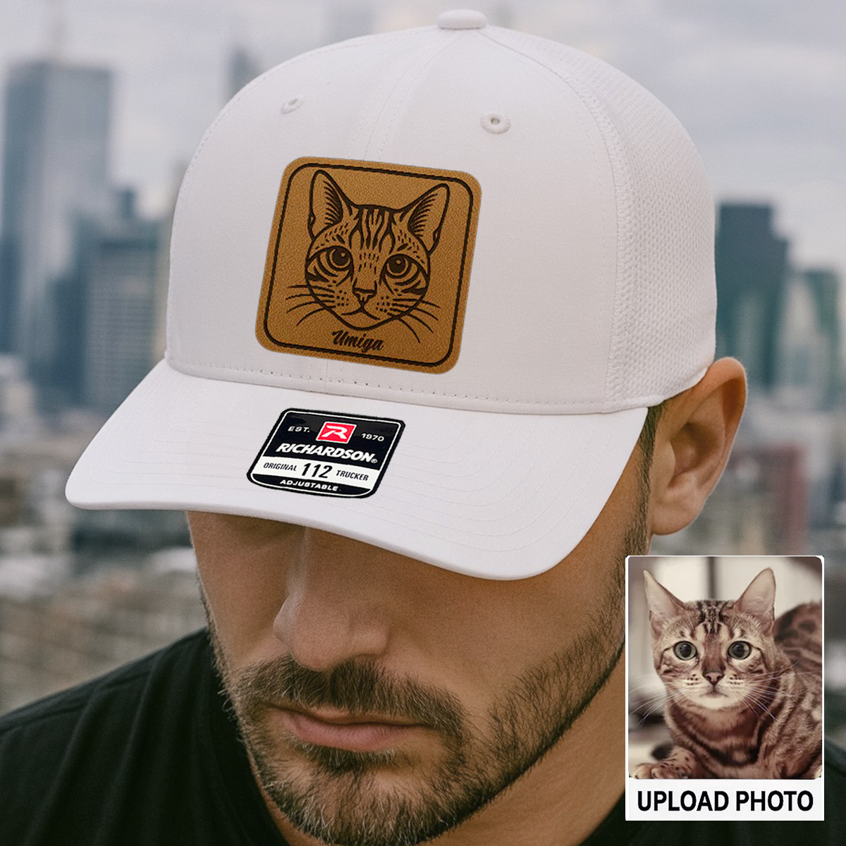 Custom Cat Photo Trucker Hat | Personalized Cat Patch Leather Patch Hat | Gift For Cat Lovers TNGANSP034