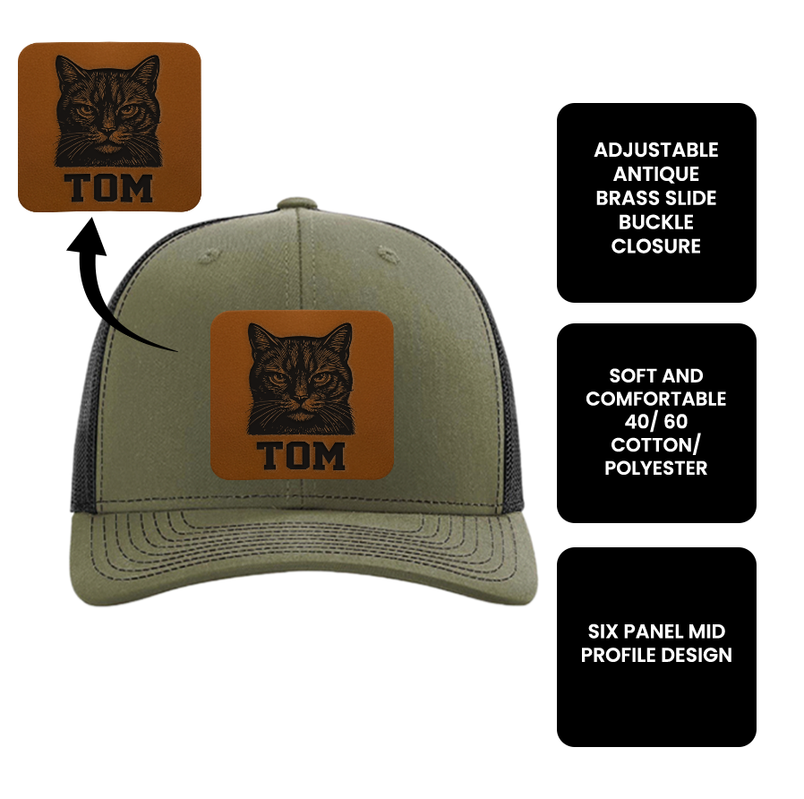 Custom Cat Photo Trucker Hat | Personalized Cat Photo Leather Patch Hat | Gift For Cat Lover TNGANSP035