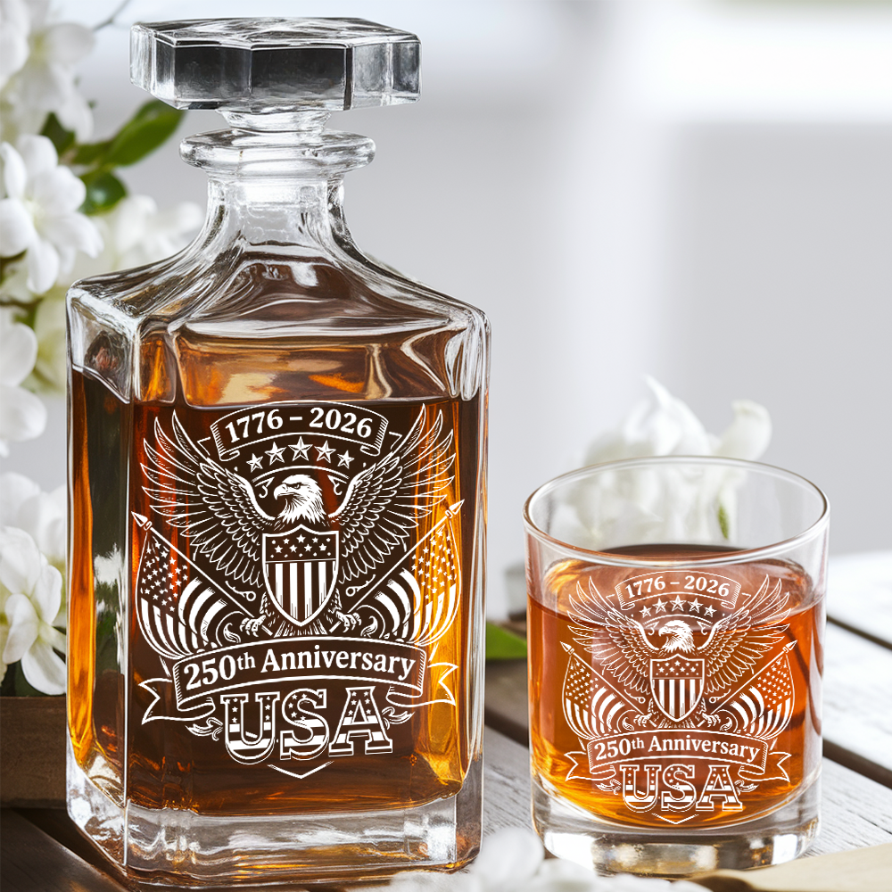 America 1776–2026 250 Years Engraved Whiskey Decanter Set, Patriotic Eagle Bourbon Gift THUC99
