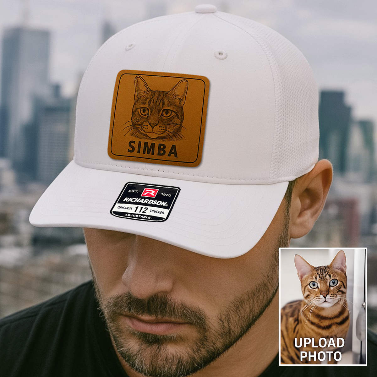 Custom Pet Photo Trucker Hat – Personalized Leather Patch Hat – Dad Gift – Custom Pet Memorial Hat - Cat Lover Gift - Engraved Hat NGOC99A2