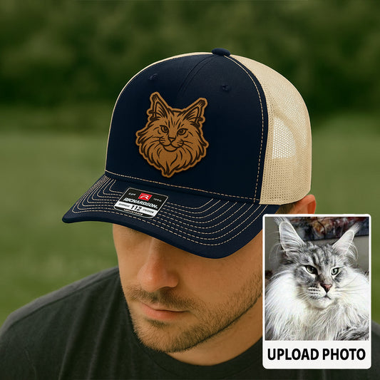 Custom Cat Photo Trucker Hat | Personalized Cat Photo Leather Patch Hat | Gift For Cat Lover TNGANSP028