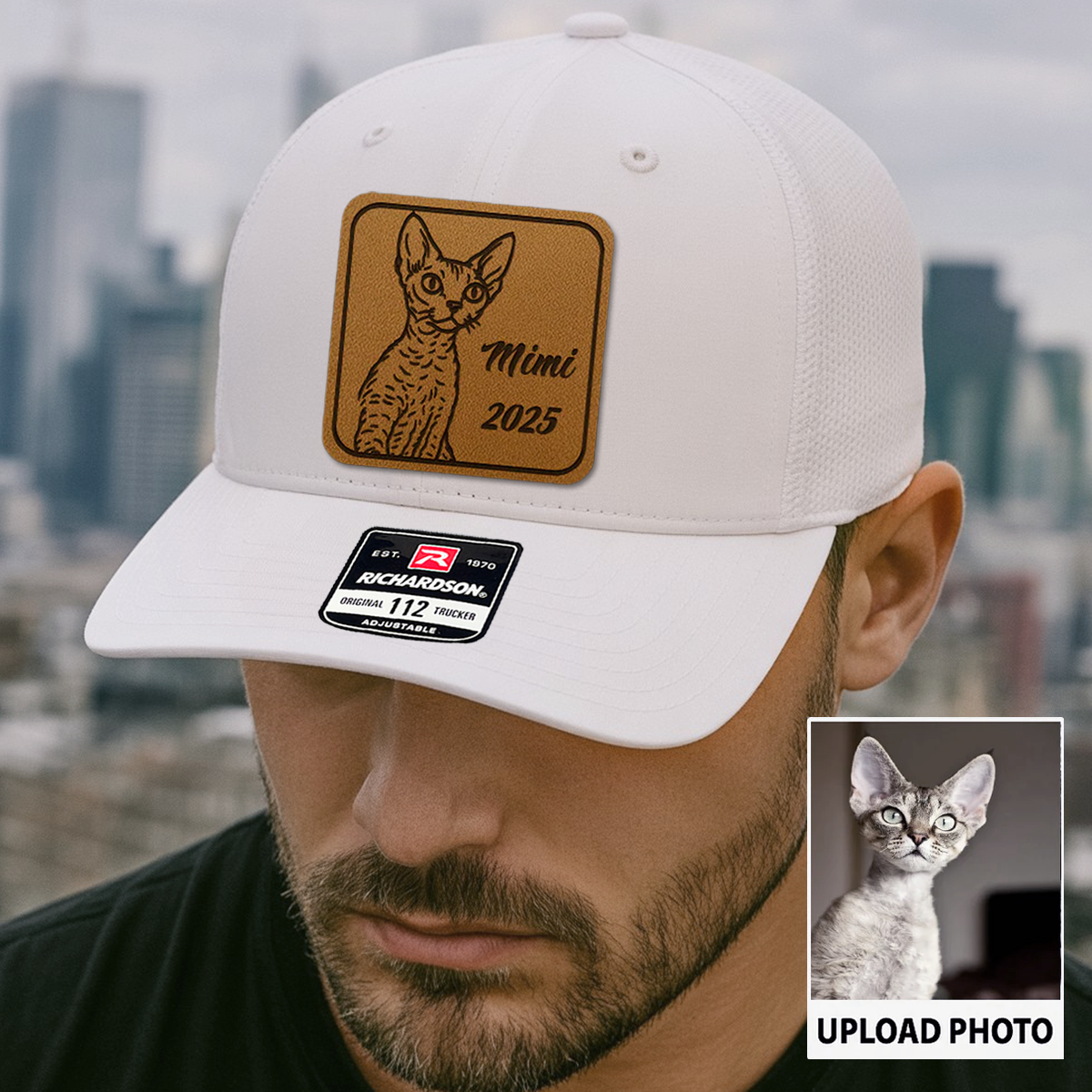 Custom Cat Photo Leather Patch Hat | Gift For Cat Lovers | Personalized Cat Memorial Trucker Hat TNGANSP014