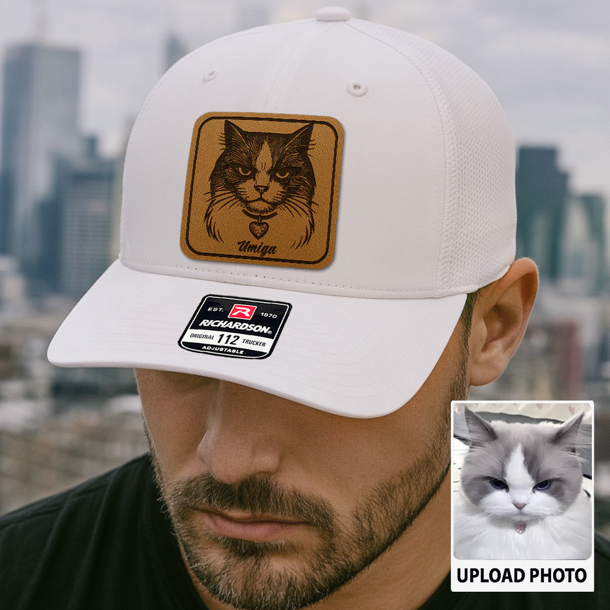 Custom Cat Photo Trucker Hat | Personalized Cat Patch Leather Patch Hat | Gift For Cat Lovers TNGANSP026