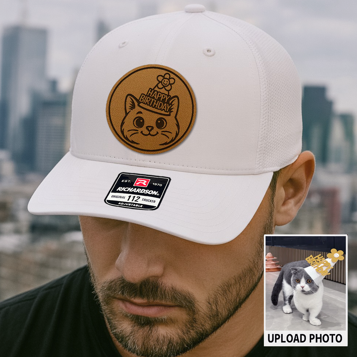 Custom Cat Photo Trucker Hat | Personalized Pet Patch Leather Patch Hat | Cat Memorial Gift TNGANSP025
