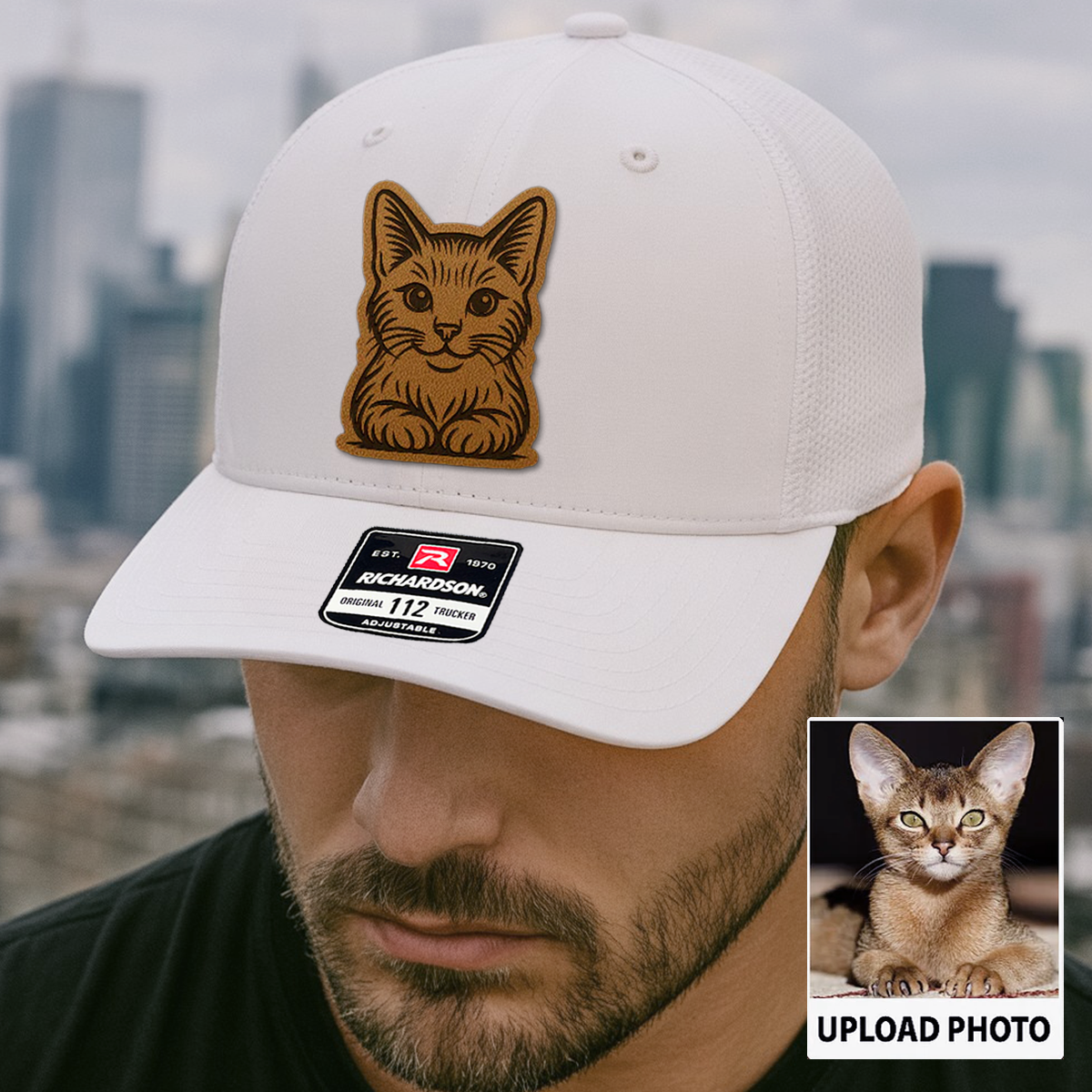 Custom Cat Photo Trucker Hat | Personalized Pet Patch Leather Patch Hat | Gift For Cat Lovers TNGANSP015