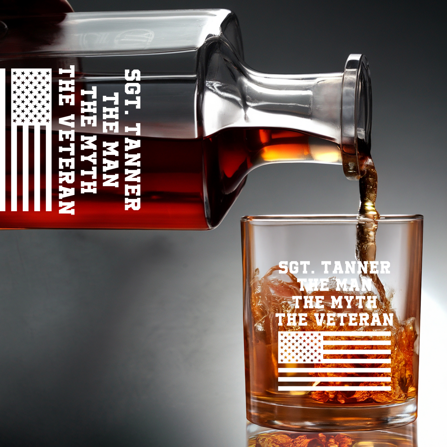Personalized US Veteran Whiskey Decanter Gift Set | American Flag Whiskey Glass | Patriotic Gift for Veterans
