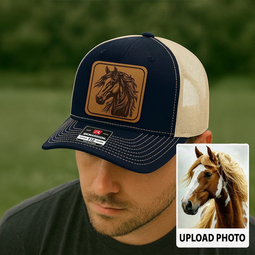 Personalized Horse Photo Leather Patch Hat | Custom Pet Photo Trucker Hat | Horse Head Farm Leather Patch Hat THUC9904