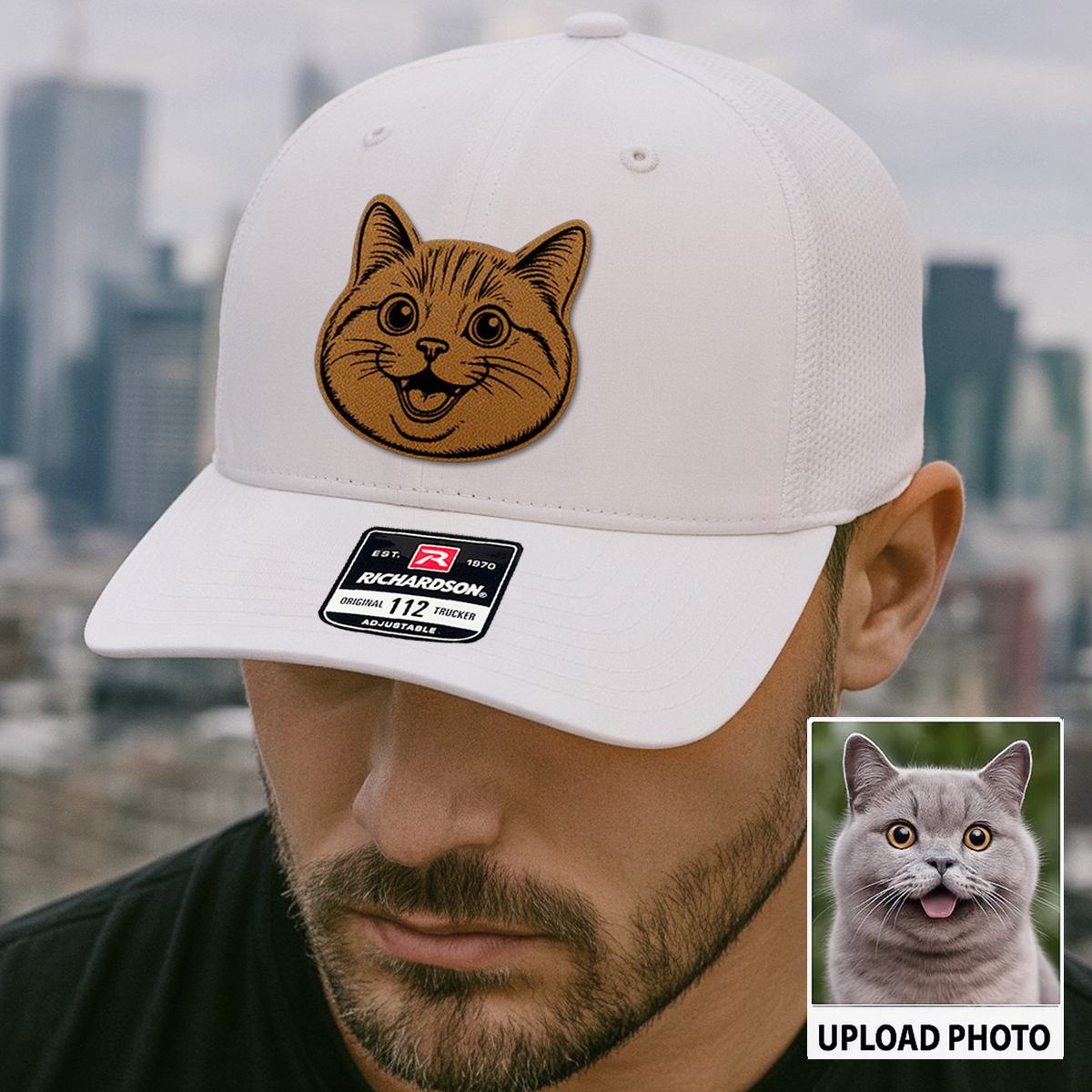 Custom Pet Photo Trucker Hat – Personalized Leather Patch Hat – Cat Portrait Gift – Custom Pet Face Hat P99A15