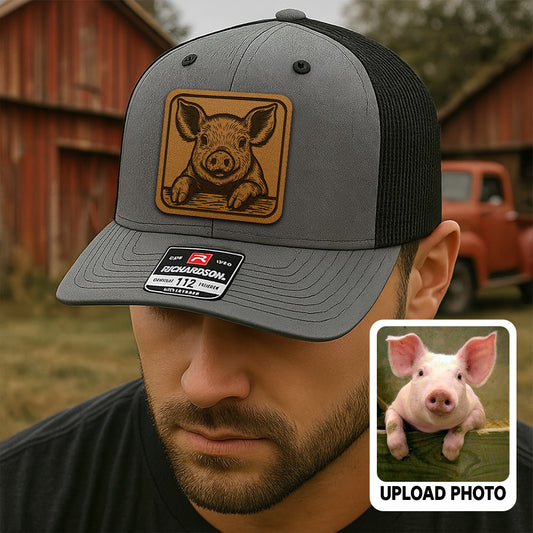 Personalized Pig Photo Leather Patch Hat | Custom Farm Trucker Hat | Gift For Farm Lover THUC99