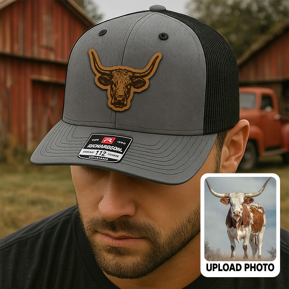 Personalized Long Horn Photo Leather Patch Hat | Custom Farm Photo Trucker Hat | Farm Leather Patch Hat THUC99