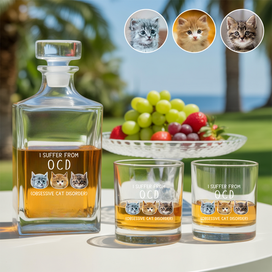 Custom Cat Photo I Suffer From Obsessive Cat Disorder Whiskey Glass And Decanter Set | Personalized Cat Photo | Pet Lover Gift